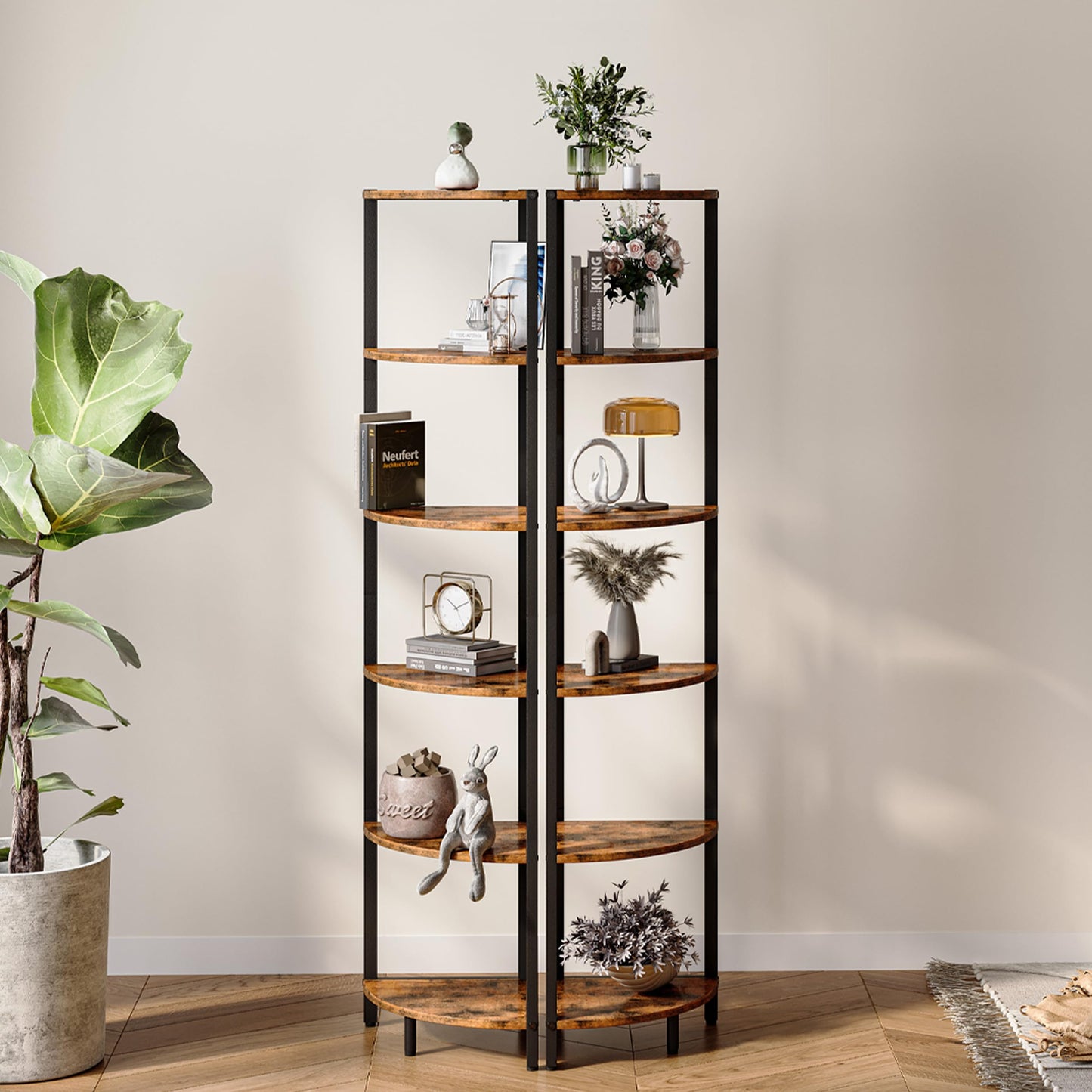 6 Tier Corner Shelf 63.1" Tall Corner Shelves stand Ladder shelf metal Standing Bookshelf Organizer Display Rack Bookcase Plant Stand Industrial style for Living Room Bedroom rustic Brown CS-001RB