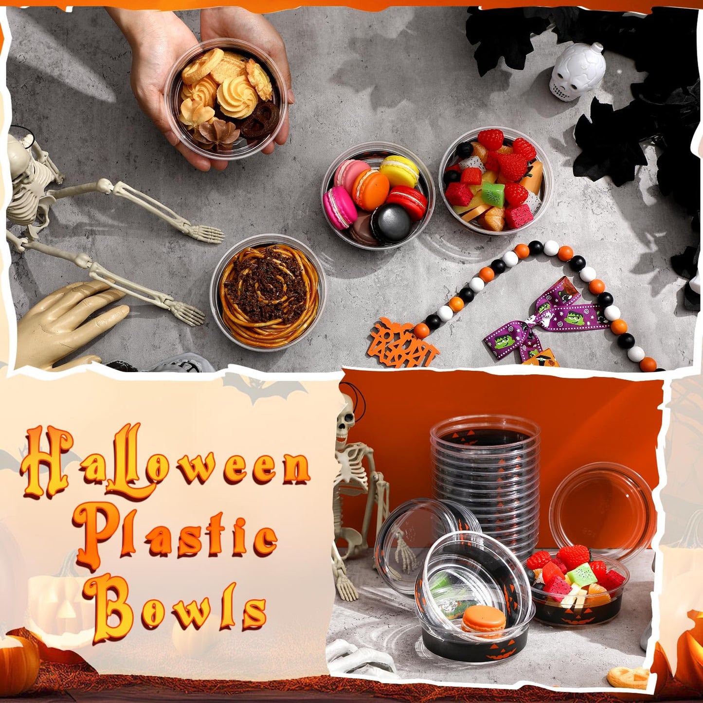 Mimorou 50 Pcs Halloween Candy Bowl Clear Plastic Serving Bowls 12 oz Pumpkin Tableware Decorations Salsa Containers for Halloween Party Favors Supplies