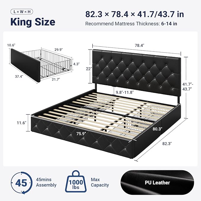 Allewie King Size Black Metal Faux Leather Platform Bed Frame