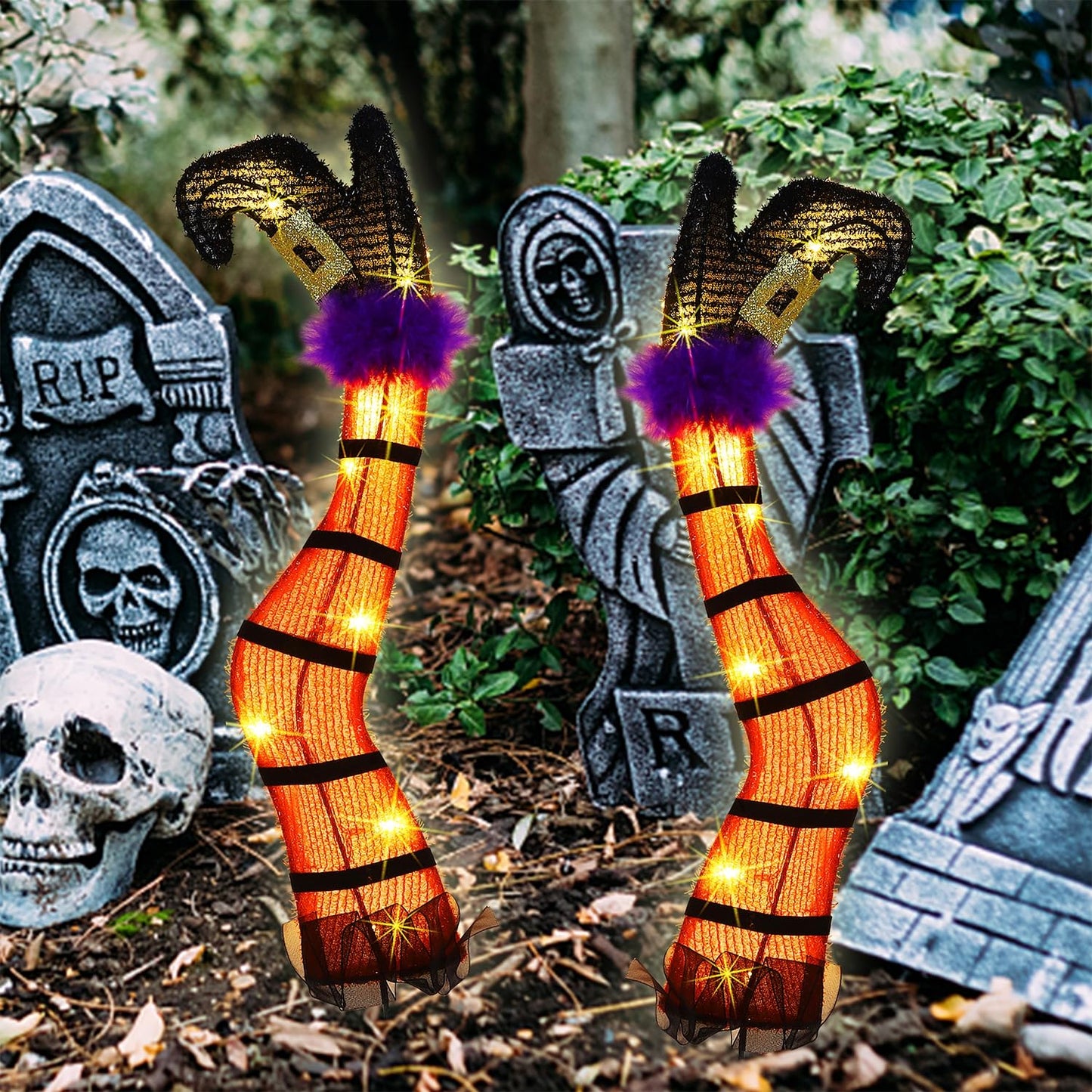 Juegoal Set of 2 Halloween Lighted Wicked Orange Witch Legs with Stakes, 22" Light Up Tinsel Halloween Yard Sign Prop Timer & 8 Modes, Battery Operated for Outdoor Party Haunted House Garden Decor