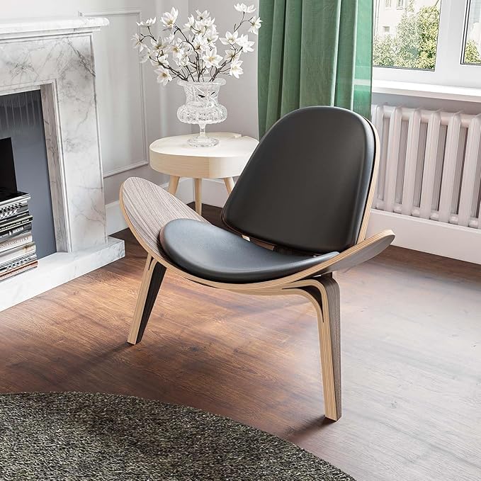 Modern Shell Lounge Accent Chairs, Faux Genuine Leather Mid Century Armless