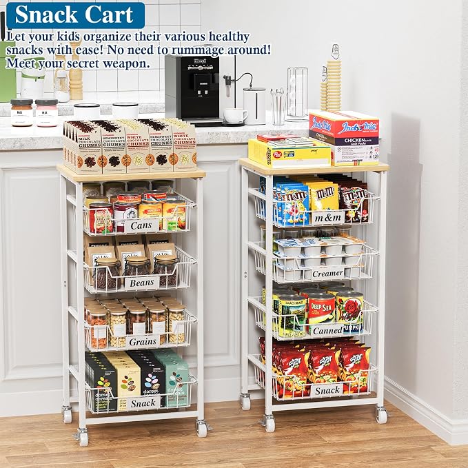OKZEST 5-Tier Small Kitchen Storage Cart on Wheels with Pull-Out Drawers, Rolling Pantry and Snack Organizer Cart with Wood Top, Kitchen Floor Fruit Basket Stand for Fruit Potato Onion Veggie Snack