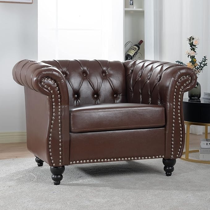 LEVNARY Leather Chesterfield Chair, Mid-Century Modern Single Sofa Chair