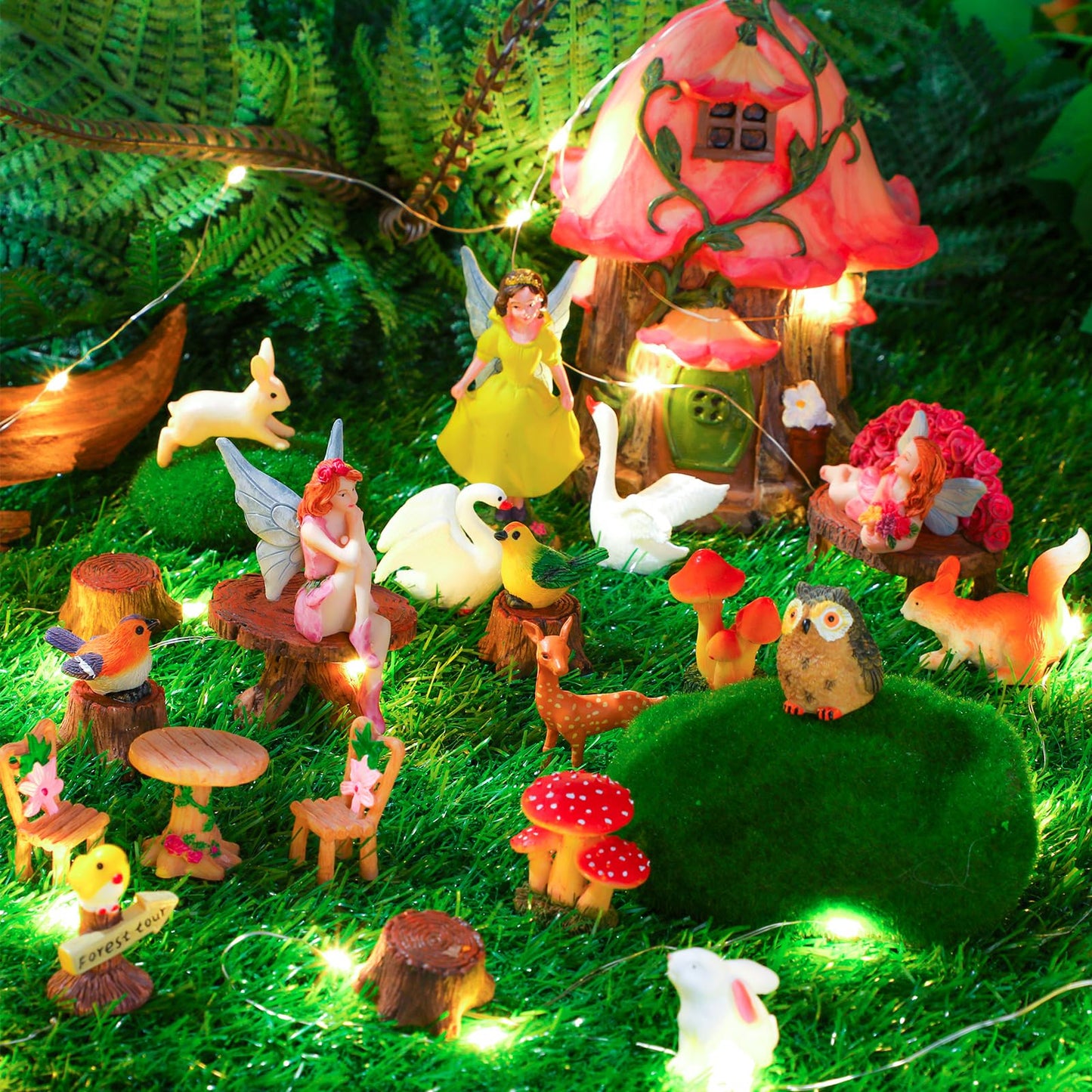 Soaoo 25 Pcs Fairy House Garden Figurines Kit Spring Garden Decor Easter Basket Decoration Spring Decoration Outdoor Wildflower Butterfly Fairy Mushroom Party Supplies Micro Landscape Ornaments