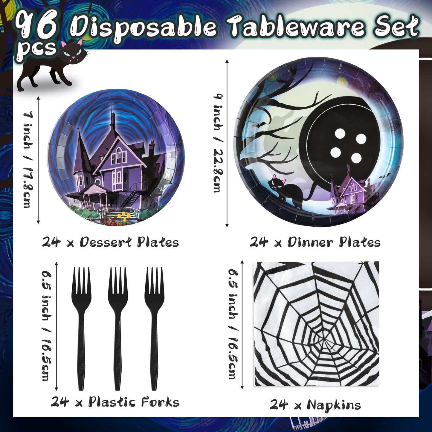 BOpusail 96P Starry Night Ghost House Party Tableware Set, Party Supplies for Kids Birthday School Spooky Night Theme Serves 24 Guests, Disposable Dinnerware Paper Dessert Dinner Plates Napkins Forks