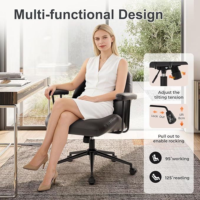 IWMH Leather Office Chair with Removable Armrests，Mid-Back Ergonomic Desk Chair