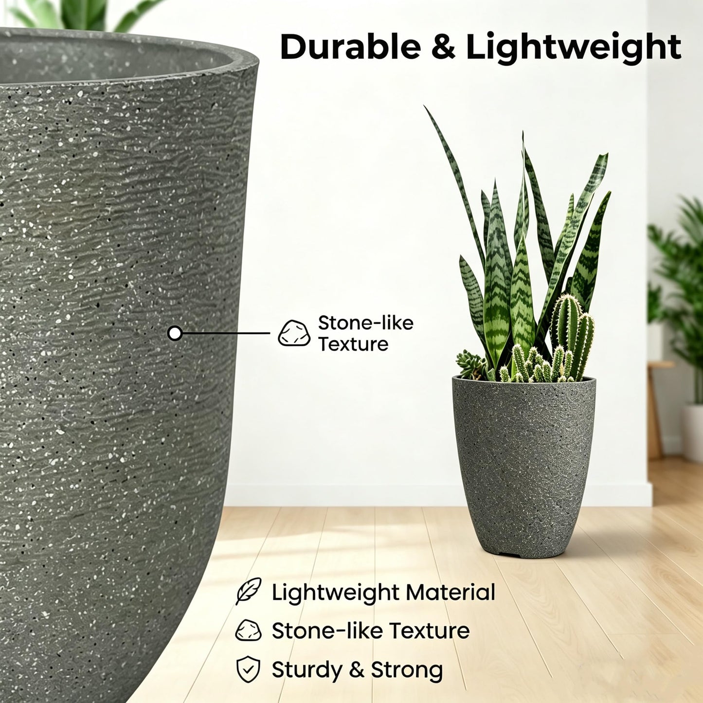 10 inch Garden Planter Lightweight Indoor Outdoor Pots with Drainage Hole for Potted Plants Flowers Greenery, Set of 2 (Speckled Grey)