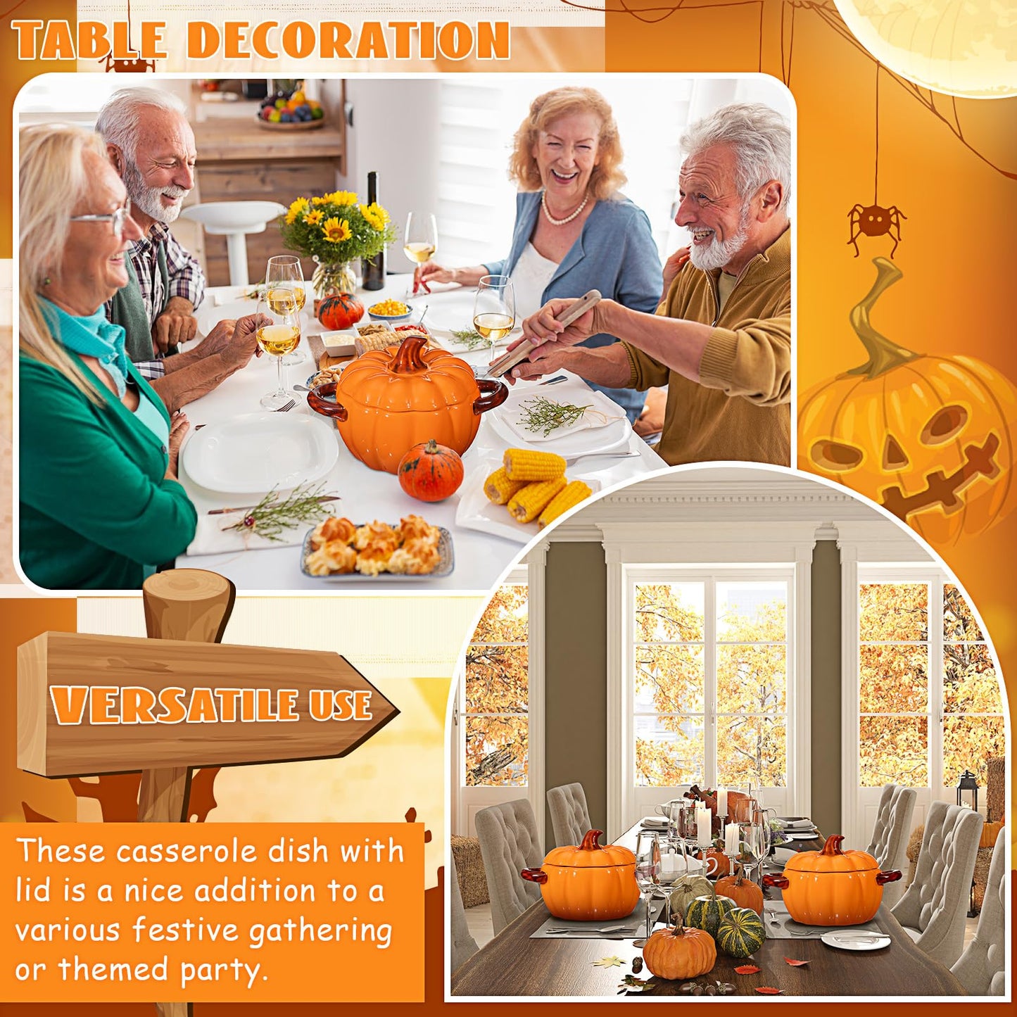 Uiifan 2 Pcs Pumpkin Bowl Ceramic Pumpkin Pot for Cooking Thanksgiving 17 oz Casserole Cookware Soup Dish Orange Cute Safe Oven Pot with Lid Double Ear for Fall Halloween Autumn Baking