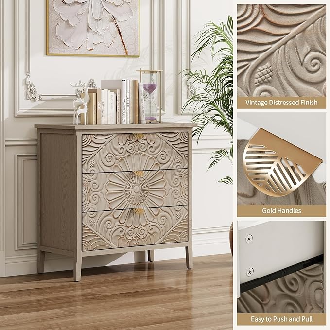 31.5" Carved 3-Drawer Cabinet