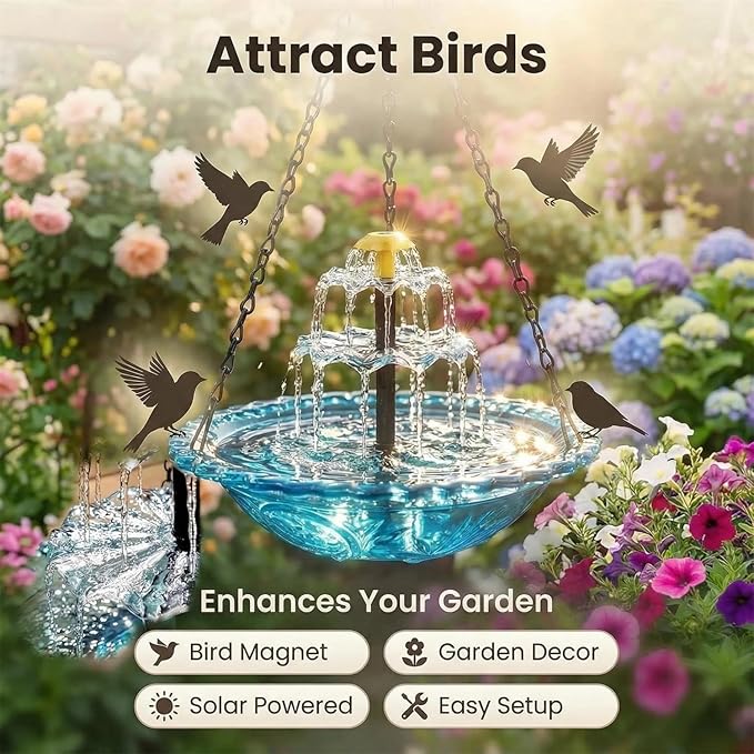 2026 Solar Cascade Hanging Bird Bath Fountain - 3 Layers Outdoor Water Feature for Hummingbirds, Easy-Clean 9.3" Glass Basin with Solar Powered Pump, Attract Wild Birds to Garden, Patio (Pink)