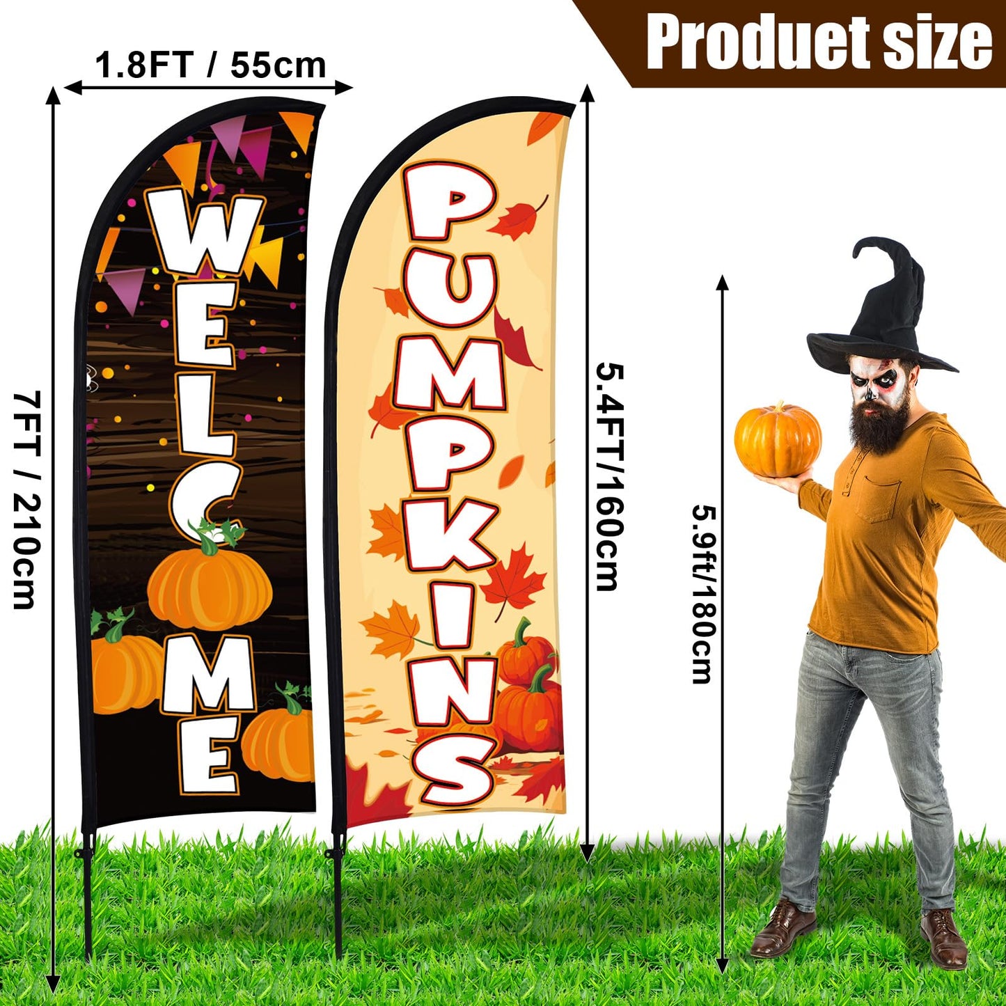 Buryeah 2 Sets Fall Pumpkin Feather Flags with Poles 7ft Thanksgiving Swoop Flags with Portable Bag Festival Signs Banner for Outdoor Halloween Holidays Decorations Businesses Advertising Outside