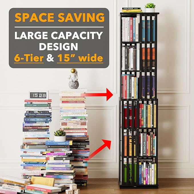 SpaceAid 6 Tier Rotating Bookshelf Tower, Bamboo Spinning Book Shelf, Revolving