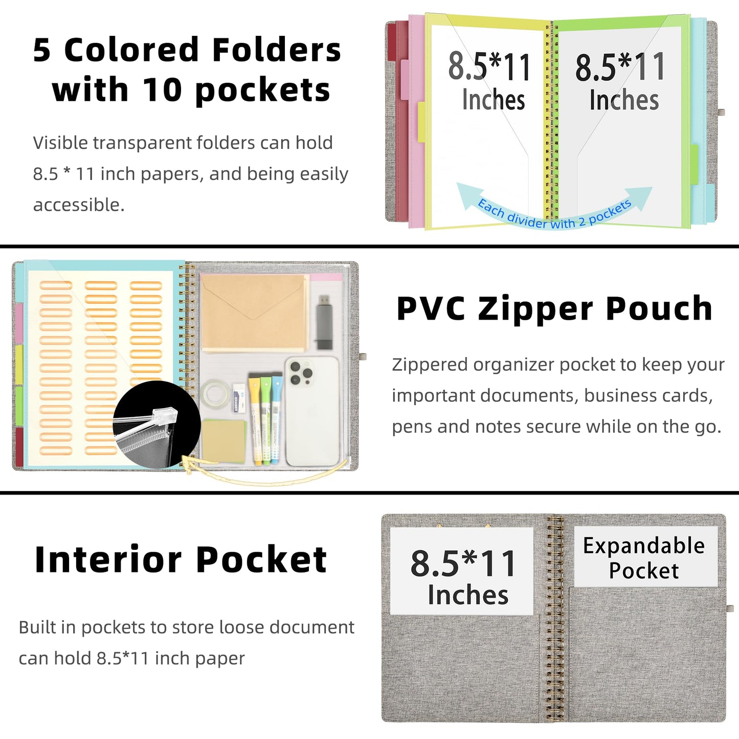 Ospelelf Foldable Spiral Clipboard Folio with Storage Zipper Pouch, 5 Plastic Folders with 10 Pockets,Refillable Lined Notepad (11" x 8.5"), Hardcover Project Organizer with 39 Stickers (Grey)