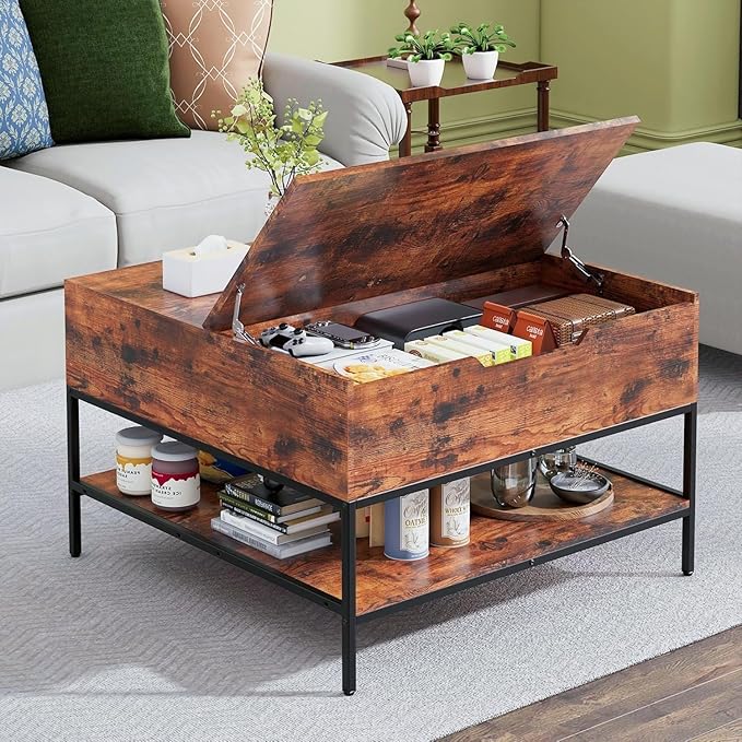 Coffee Table with Storage, Square Coffee Table with Display Shelf and Hidden