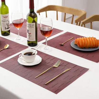 Leetaltree Burgundy Placemats Set of 4 - Heat Resistant Non-Slip Place mats for Dining Table, Washable Durable PVC Vinyl Woven Table Mats（Burgundy, 4）