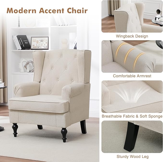 Accent Chair for Living Room, Mid Century Modern Upholstered Armchair, Wingback