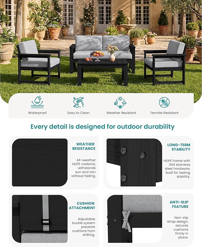 SERWALL 3 Pieces HDPE Outdoor Sofa Bistro Set