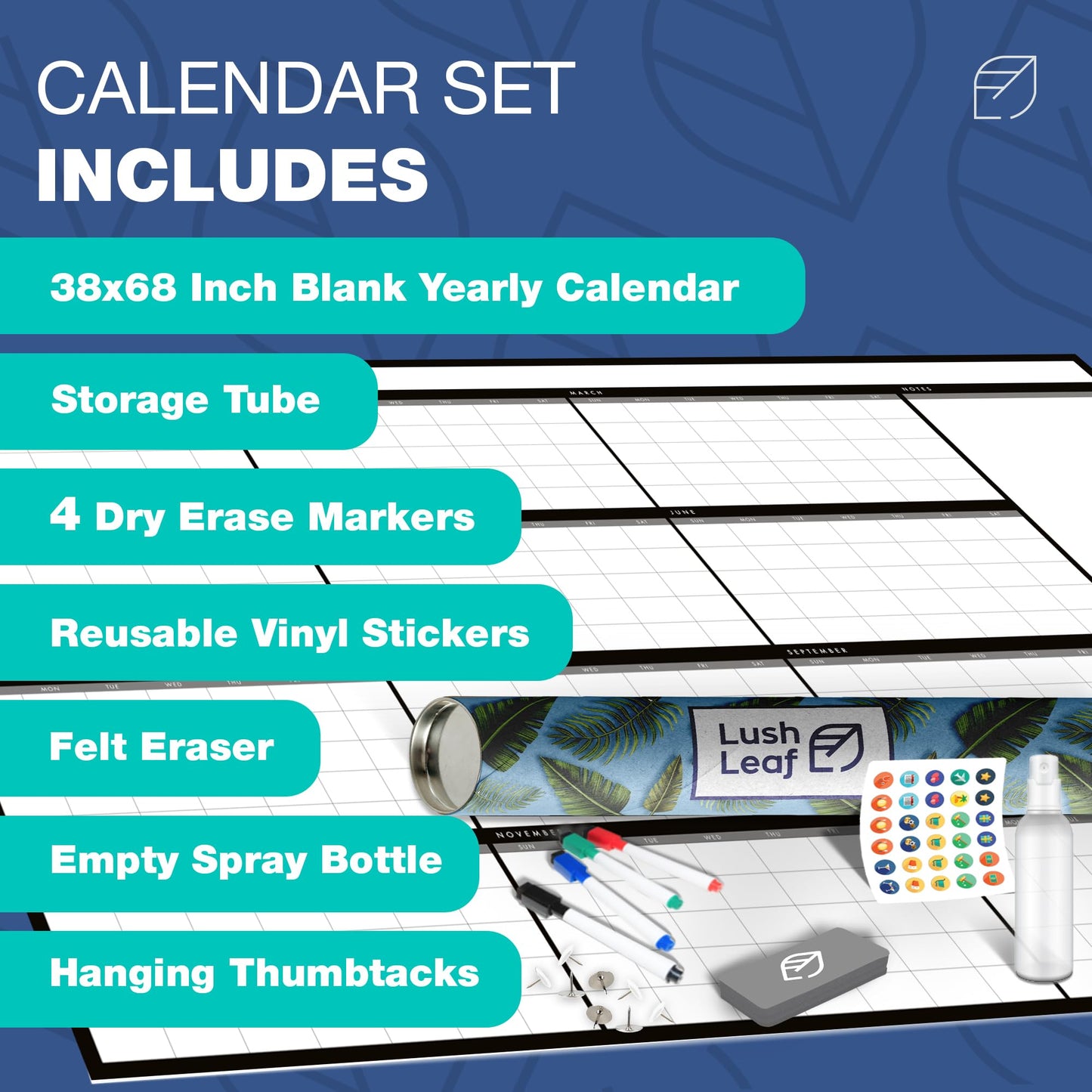 Large Dry Erase Calendar for Wall, 38" x 68" - Undated, Yearly, Reusable - Full 12 Month Year - Includes Markers, Eraser & Accessories