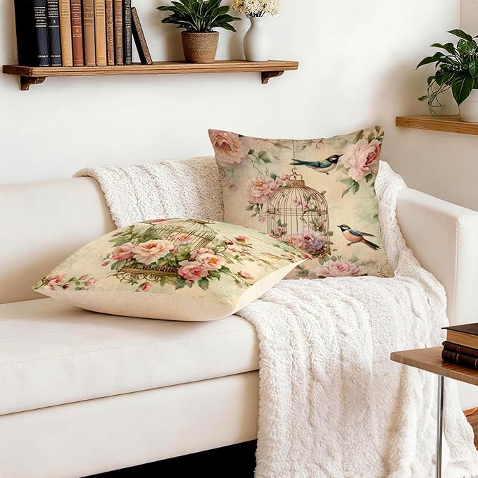 OBSEDE Vintage Throw Pillow Covers Set of 2, 18x18 Inch Pink Rose and Bird Print