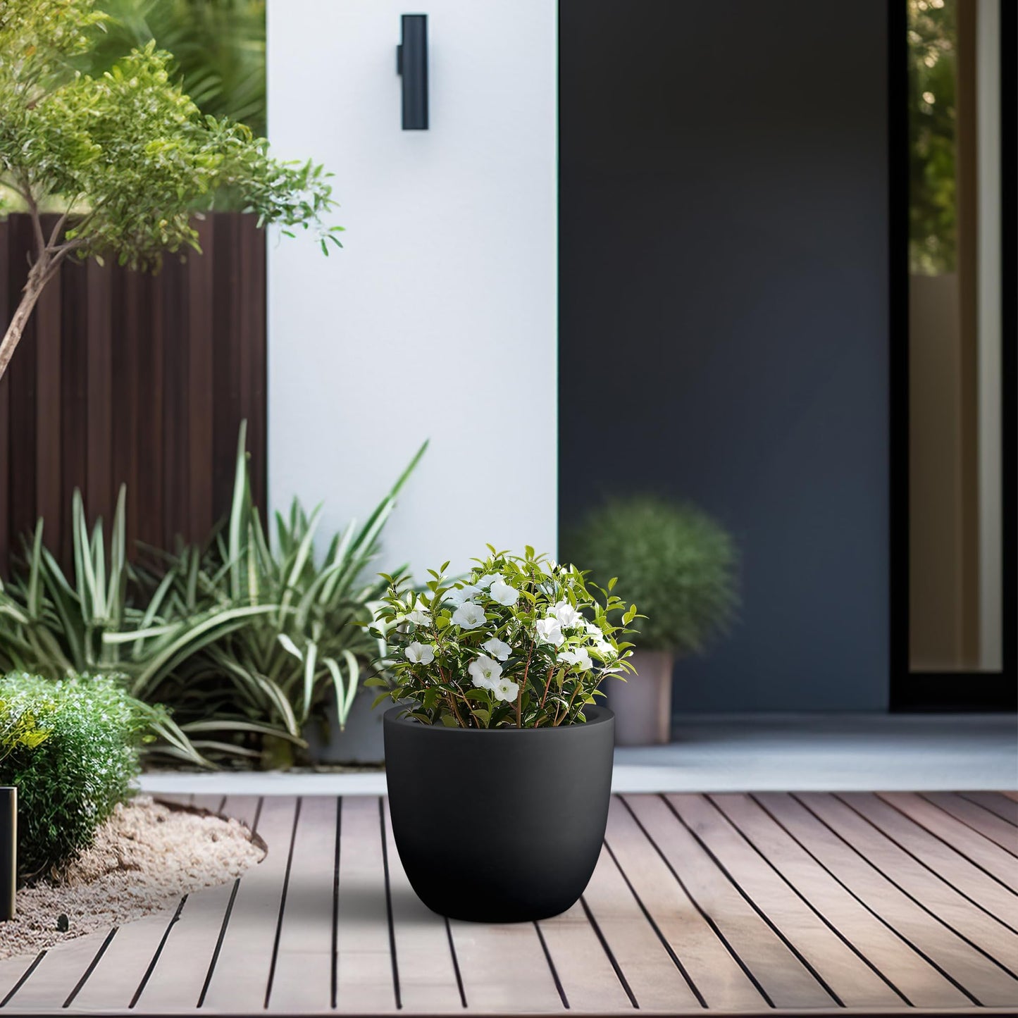 Kante 14 Inch Dia Round Concrete Planter, Indoor Outdoor Large Plant Pot with Drainage Hole and Rubber Plug for Home Patio Garden, Black