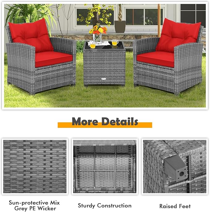 COSTWAY 3PCS Patio Furniture Set, PE Rattan Wicker Sofa w/Washable Cushion and