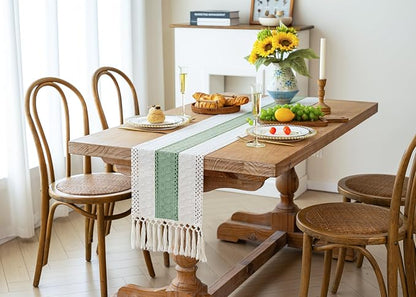 FEXIA Boho Table Runner for Home Decor with Tassels 108 Inches Long,Sage Green Farmhouse Rustic Table Runner Macrame Burlap Table Decoration for Living Room Bridal Shower(12x108 Inches)