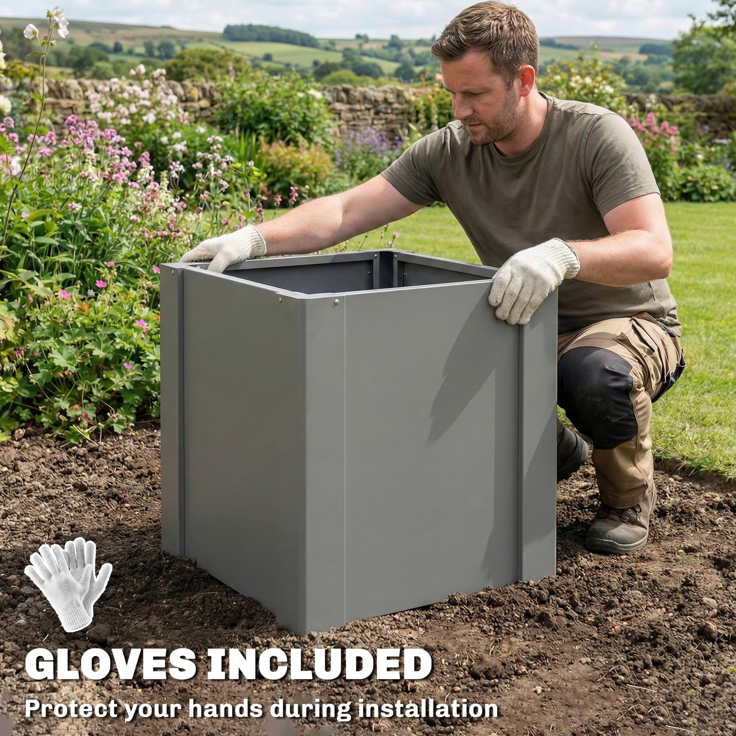 Outsunny Galvanized Tall Outdoor Planter, Metal Square Large Planter Box for Outdoor Plants with Gloves and Open Bottom for Vegetables, Flowers, Herbs, 1.4 x 1.4 x 1.5 ft, Gray