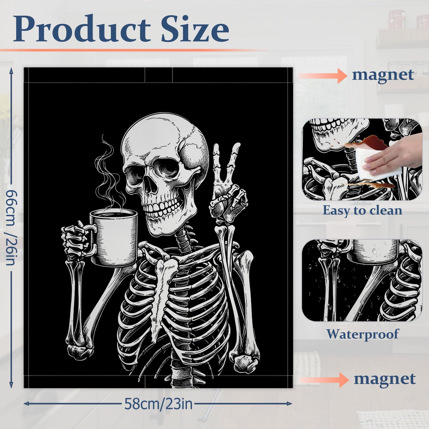 Black Dishwasher Magnet Cover Funny Skeleton Coffee Dishwasher Magnets Decorative Cover for Kitchen, Refrigerator Magnet Decal Panels 23” x 26”