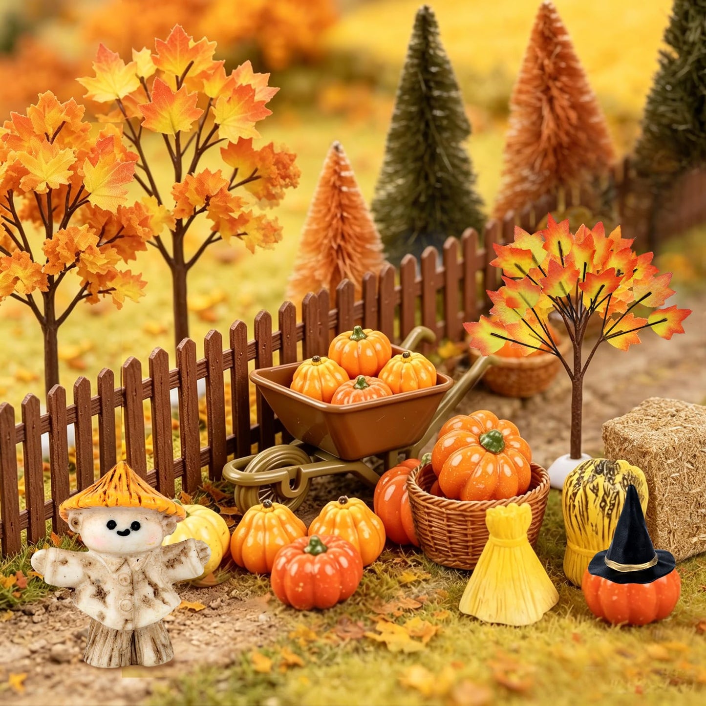 33 PCS Mini Fall Figurines Thanksgiving Resin Figurines Autumn Tiny Resin Farm Miniature Include Trees Pumpkins Scarecrow Wheelbarrow Ears of Wheat Basket Fence for Harvest Home Table Decorations