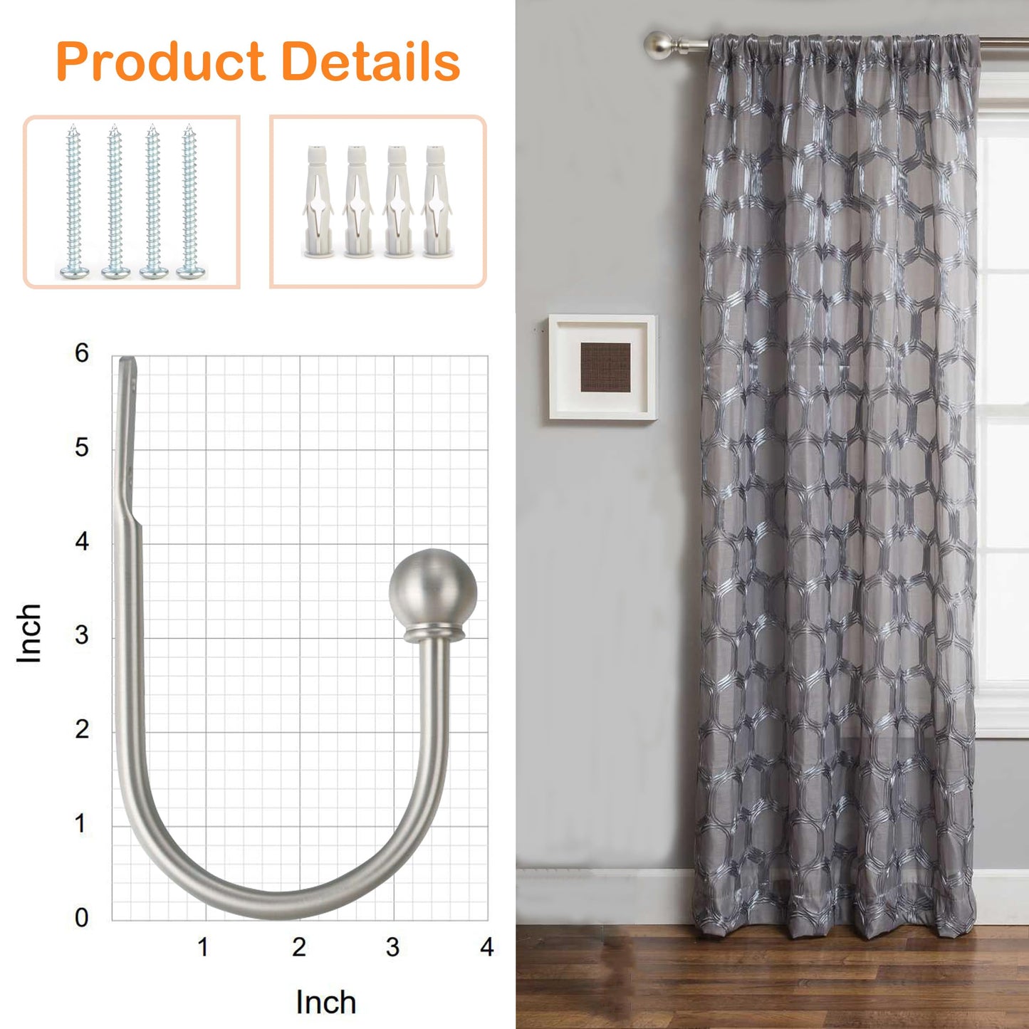 ARNORX Curtain Holdbacks Hooks Solid Steel Hooks Decorative French Ball End Curtain Drapery Tiebacks Heavy Duty, 2 PCs, Nickel Brushed