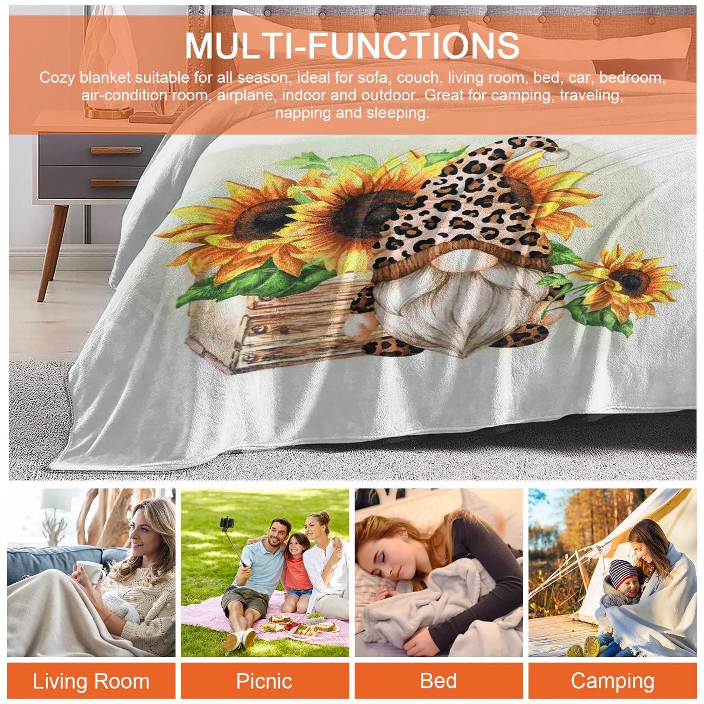 tiosggd Summer Sunflower Gnomes Blanket 60x50 Inches, Gnome Gifts for Women, Kids, Sister, Adults, Mom, Friends, Birthday Gifts, Soft Flannel Fleece Sunflower Throw Blanket for Couch Sofa Bed
