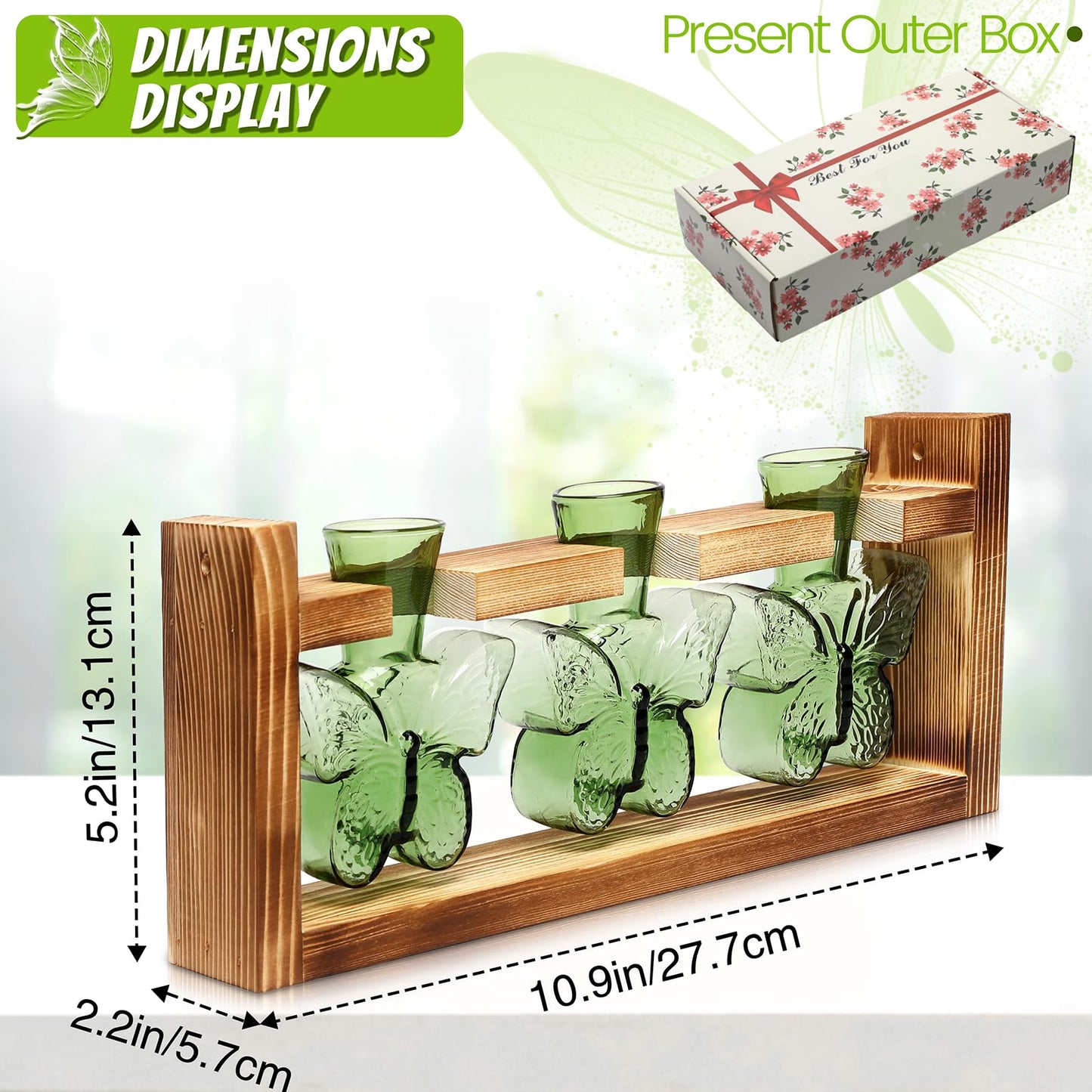 Glass Plant Propagation Station Butterfly Planter Vase with Wooden Stand Birthday Gifts for Women Mom Plant Lovers Office Home Decoration