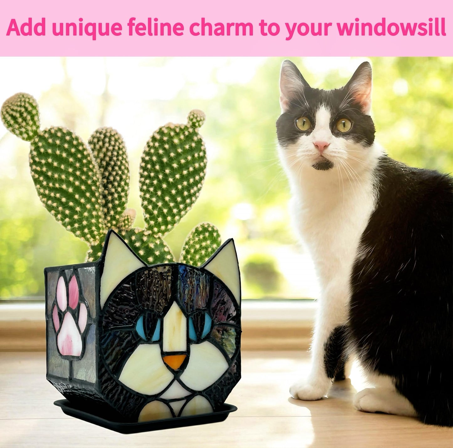 Entlityful Stained Glass Black Cat Flower Pot,Succulent Pots with Drainage,Unique Black Cat Planter,Flower Pots for Indoor Plants,Glass Container Display Decoration,Cute Plant Gifts