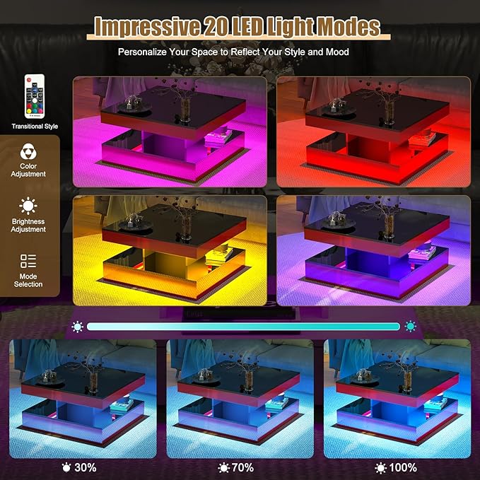 HedoAjim Red LED Coffee Table for Living Room, Living Room Table 2-Tier Square