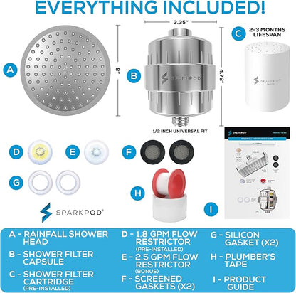 SparkPod 23-Stage Filtered Shower Head, 8" Round, Polished Chrome | Filtered Shower Head for Hard Water Filter, High Pressure, Reduces Chlorine, Heavy Metals, For Dry Skin & Hair