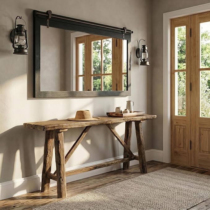 27"x49" Large Black Barn Door Mirror, Solid Wood Framed Accent Wall Mirror