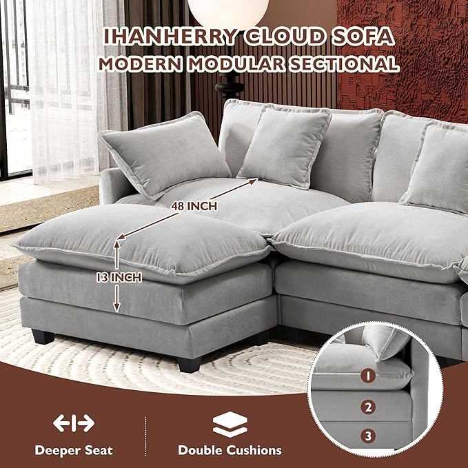 Ihanherry 111.4" L Shaped Modern Sofa Modular Sectional Cloud Couch