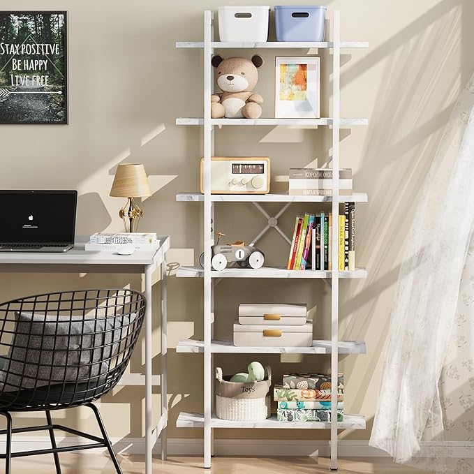 Bookshelf 6 Tiers White Wooden Storage Shelf, Modern Open Display Storage