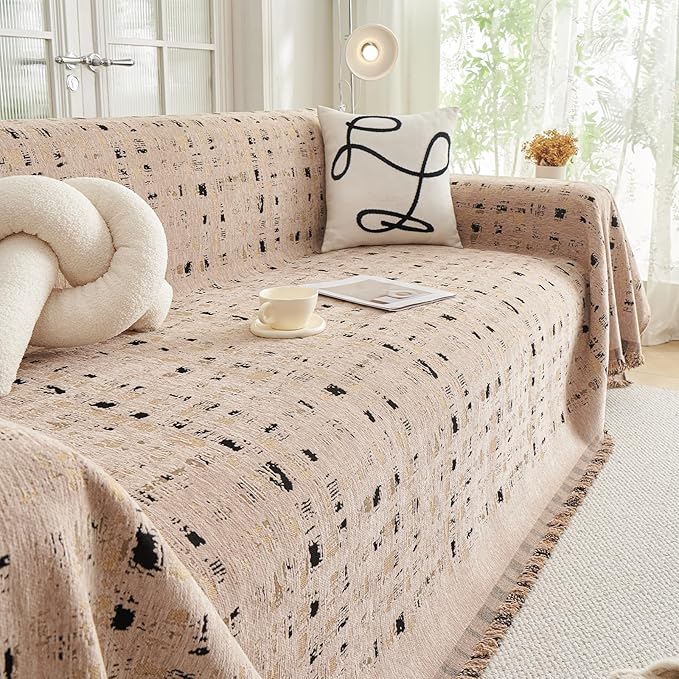 DREAMINGO Abstract Chenille Couch Cover Blanket Coffee Black Boho Sofa Cover