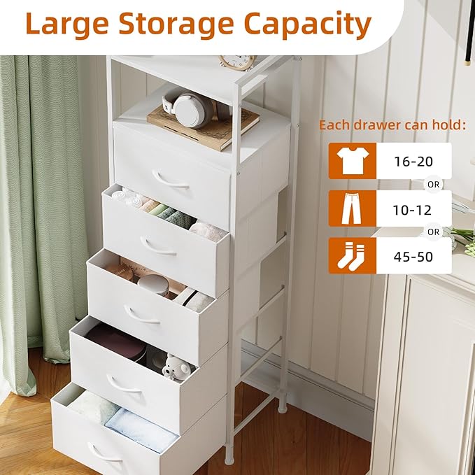 Somdot Tall Dresser for Bedroom, 5 Drawers Nightstand Vertical Storage Tower