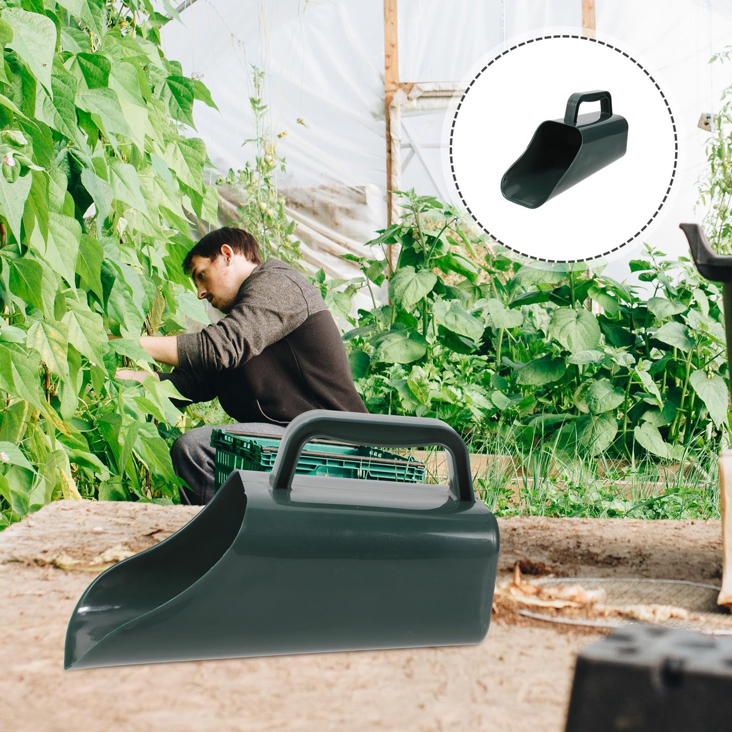 GAROZATION Multifunctional Garden Soil Scoop Shovel for Planting and Bonsai Portable Hand Soil Scooper with Large Military Green Plastic Bucket Suitable for Potting