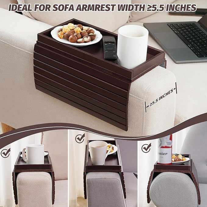 GEHE Bamboo Sofa Arm Tray, Foldable Couch Arm Tray Side Table, Anti-Falling