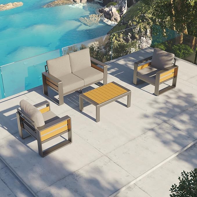 Aoxun Aluminum Patio Furniture Set, 4 Seats Luxury Metal Patio Conversation Sets