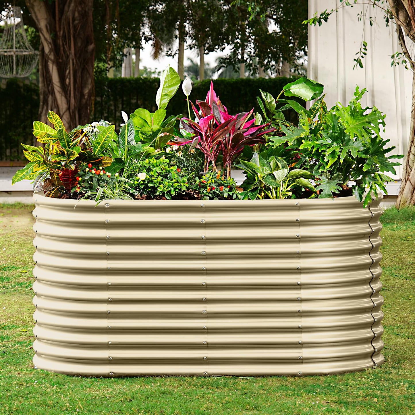Land Guard 6x3x3ft Oval Galvanized Raised Garden Beds, Large-Capacity Metal Planter Box Outdoor, Durable Deep Raised Garden Bed 3ft Tall, Raised Beds for Gardening Vegetables, Cream Yellow