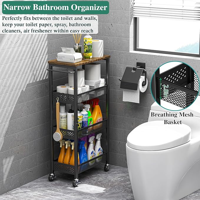 OKZEST Utility Slim Storage Cart, 4-Tier Narrow Bathroom Organizer and Storage