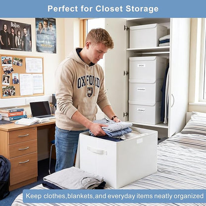 Bagnizer Large 17" 42 Quarts Collapsible Stackable Storage Bins with Lids [3-Pack] Foldable Fabric Linen Storage Boxes Cube, Closet Organizer Baskets with Label (16.7 x 12 x 12, White)