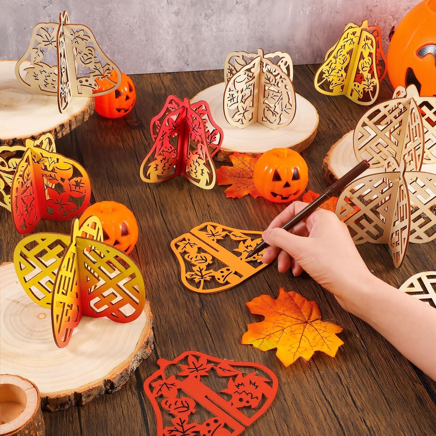 Geelin 60 Pcs Thanksgiving Fall Crafts Wooden Pumpkins 7.9 Inch Large 3D Wood Pumpkins Cutouts Unfinished Wood Slices to Paint Table Centerpieces Decorations for Harvest Craft DIY Tiered Tray Decor