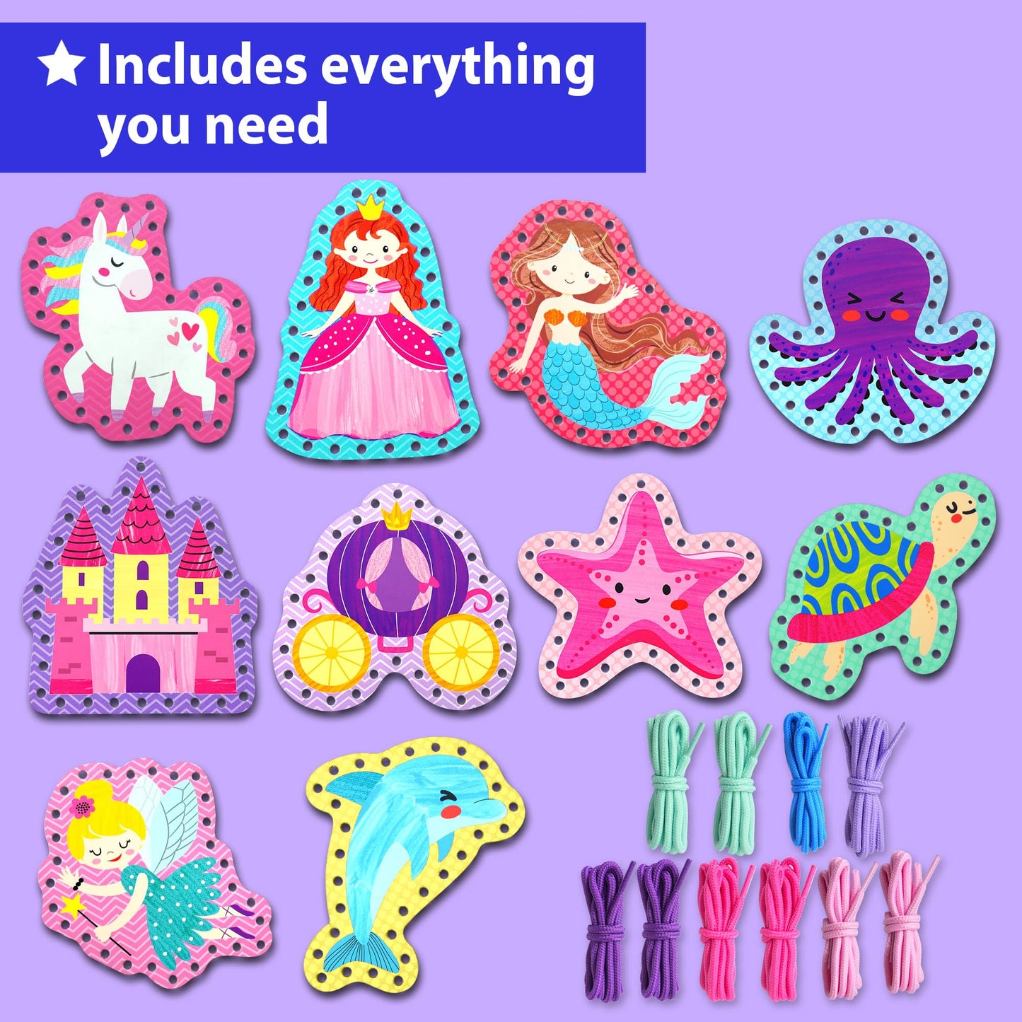 KRAFUN My First Lacing Cards Kit for Girls Age 3+, 10 Princess Unicorn Mermaid Arts & Crafts Projects, Fine Motor Skills Toys with Castle Fairy Crown Seahorse Starfish