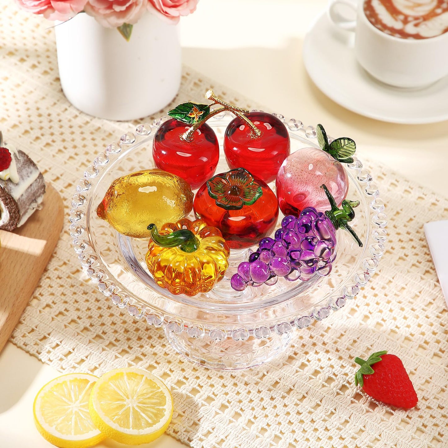 Reallnaive 6 Pcs Crystal Glass Fruit Decor Cherry Grape Persimmon Lemon Pumpkin Peach Figurine Collectibles Hand Blown Glass Fruit Decoration for Home Decor Gift for Wedding Birthday Wedding