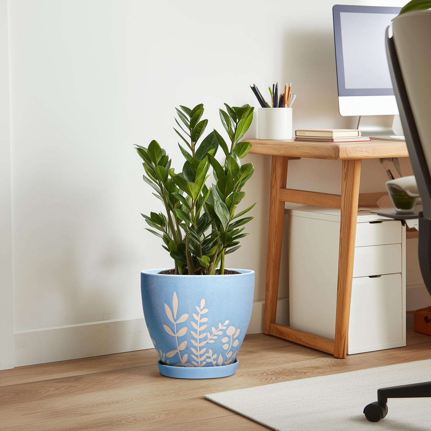 EPFamily 10 Inch Large Ceramic Plant Pot with Saucer - Round Planter with Drainage for Indoor Outdoor Plants, Boho Flower Pot, Home Office Room Garden Decor, Housewarming Gift, Blue